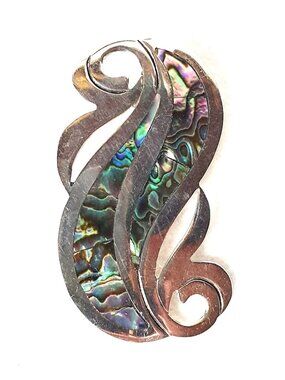 Vintage Taxco 925 Sterling Silver Abalone Inlay Abstract Leaf Statement Brooch